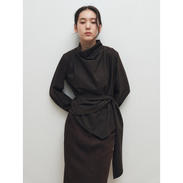 Cowl-neck Wrap Blouse_Brown