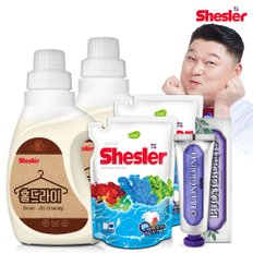 강호동의 쉬슬러 액상 세제 홈드라이전용 650ml 2개+세제리필 500ml 2개+잇몸케어 치약 100g 1개.