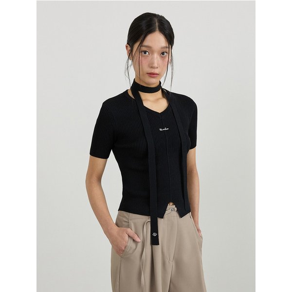 SUMMER V-NECK KNIT & SCARF SET BK