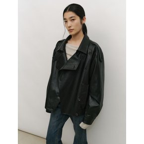 HIGH NECK DOUBLE LEATHER JACKET [BLACK]
