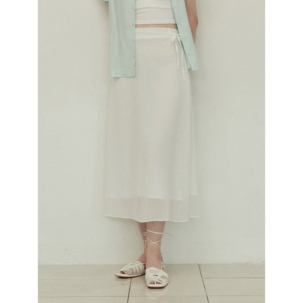 Double line ribbon strap long flare skirt - white