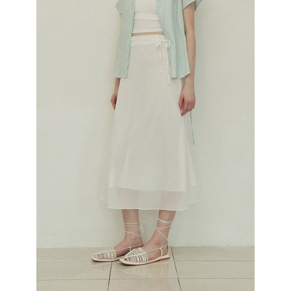 Double line ribbon strap long flare skirt - white
