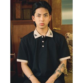 Sunset with you jacquard collar polo shirt Black Unisex