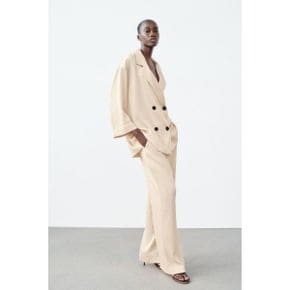 우먼 ZARA 자라 CREASED-이펙트 와이드 레그 트라우저스 바지 팬츠 - 컬러   샌드 9406594