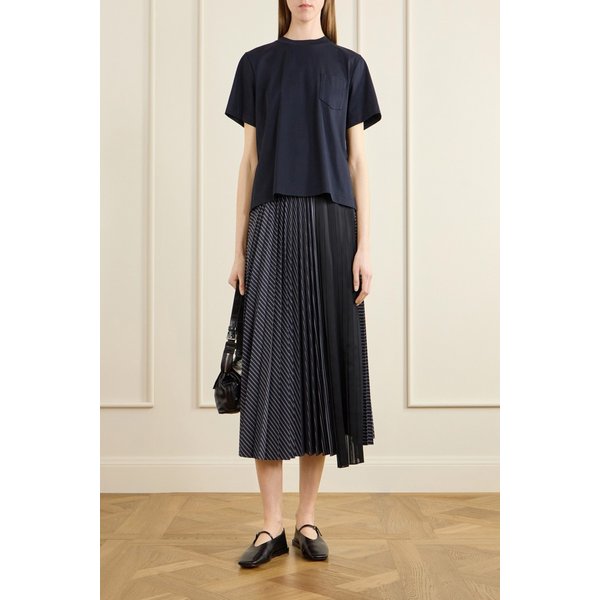 플리츠 스트라이프 코튼 저지 포플린 티셔츠 네이비 46376663163025243