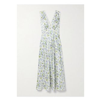 D&Ocirc;EN 도엔 탈리아 레이스 트리밍 플로럴 프린트 실크 샤르뫼즈 미디 드레스 블루 1647597357417922