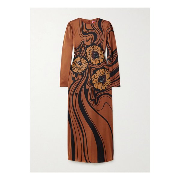 아이콘 클린지 스윙 플로럴 프린트 새틴 미디 드레스 브라운 1647597349815238
