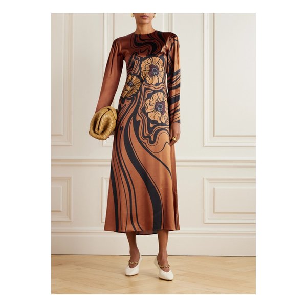 아이콘 클린지 스윙 플로럴 프린트 새틴 미디 드레스 브라운 1647597349815238