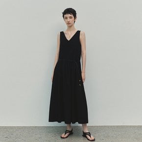 Linen Shirring V-neck Dress (Black)