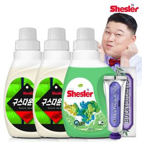 강호동의 쉬슬러 액상 세제 650ml 구스다운워시전용 2개+유칼립투스 1개+잇몸케어 치약 100g 1개.