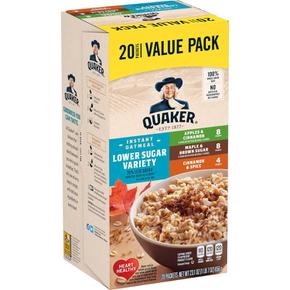 [해외직구] Quaker 퀘이커 인스턴트 오트밀 로우 슈가 버라이어티 팩 656g 20입