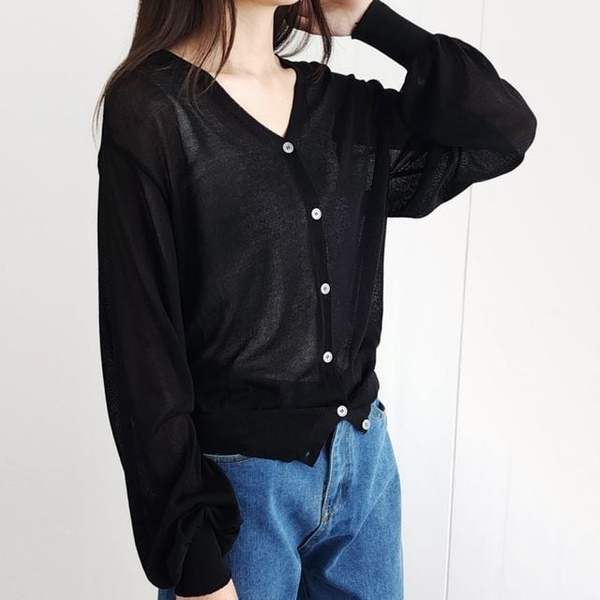 확대된 대표 여름 가을 여자 가디건 시원한 크롭 벌룬 루즈핏 카디건
