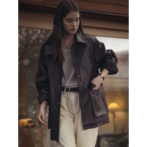 Casual eco leather oversized jacket_Brown