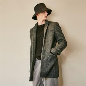 LEATHER LAPEL HERRINGBONE WOOL COAT JACKET_CHARCO (S1840131)