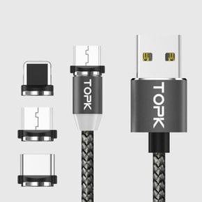 TOPK 3in1 원형 마그네틱 케이블 2.4A 5핀 8핀 C타입 자석 젠더