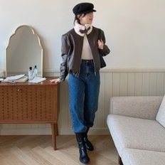 옷자락 여자 하이넥 버클 배색 퍼 겨울 루즈핏 레더 숏 자켓
