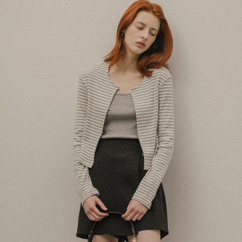 노운베러 Stripe eyelet cardigan set_Gray