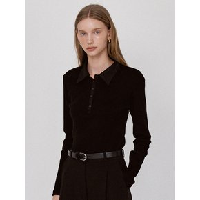 Ribbed Panel Classic Collar T-Shirt - Black