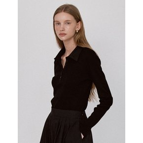 Ribbed Panel Classic Collar T-Shirt - Black