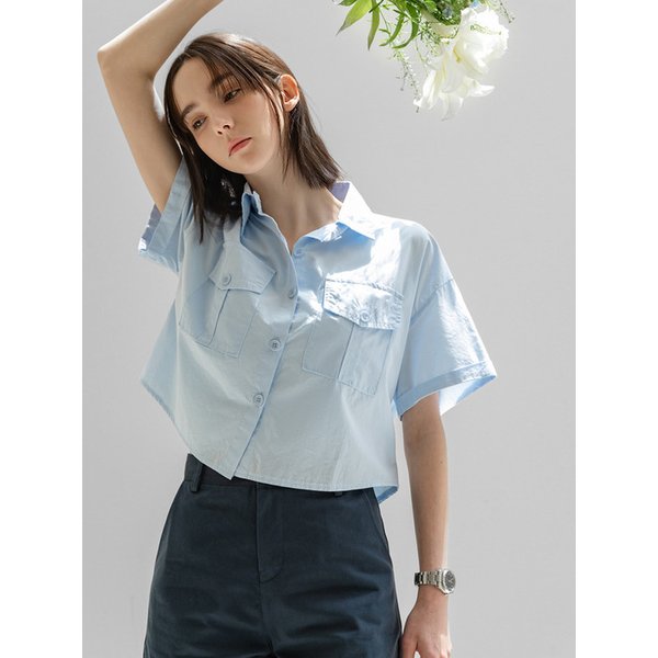 Pocket Semi Crop Half Shirt_NSSH485