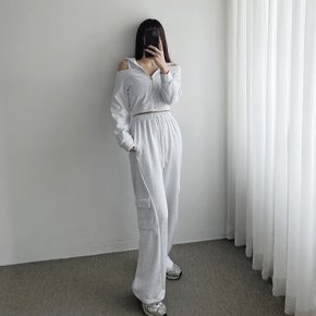 / 세트]어깨 트임 크롭 후드 집업+밴딩 카고 와이드 팬
