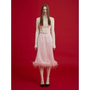 FUR TRIMMING MIDI SKIRT - PINK