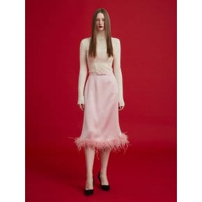 FUR TRIMMING MIDI SKIRT - PINK