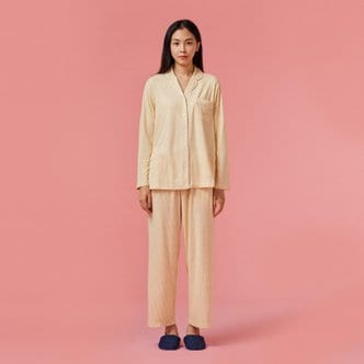 JAJU *정상가 49,900원*여 보드라운 피치스킨 하운드투스 파자마 세트_LIGHT YELLOW