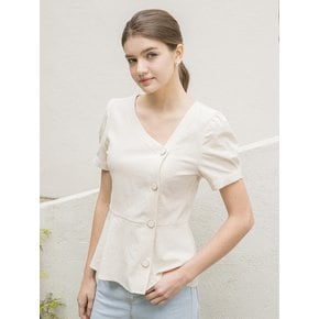 Linen V Neck Unbal Blouse Beige