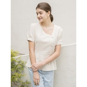 Linen V Neck Unbal Blouse Beige