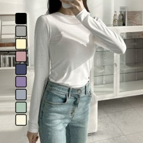 여자 롱슬리브 민무늬 편한 베이직 타이트 U넥 티셔츠