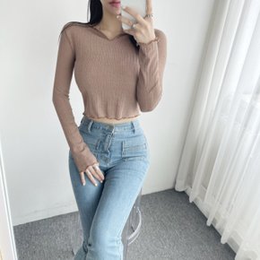 / 물결 밑단 슬림핏 러블리 세미 크롭 긴팔 티셔츠 4컬