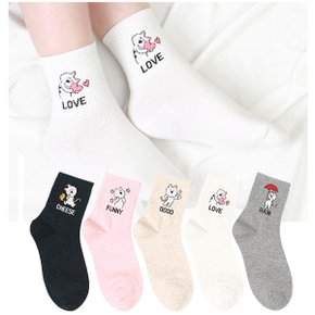 여성 오버캣 양말 중목 면 캐릭터 패션 학생