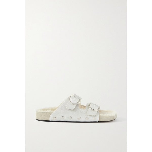 Lennyo Shearling-lined Studded Metallic Leather Sandals 실버 1647597277784678