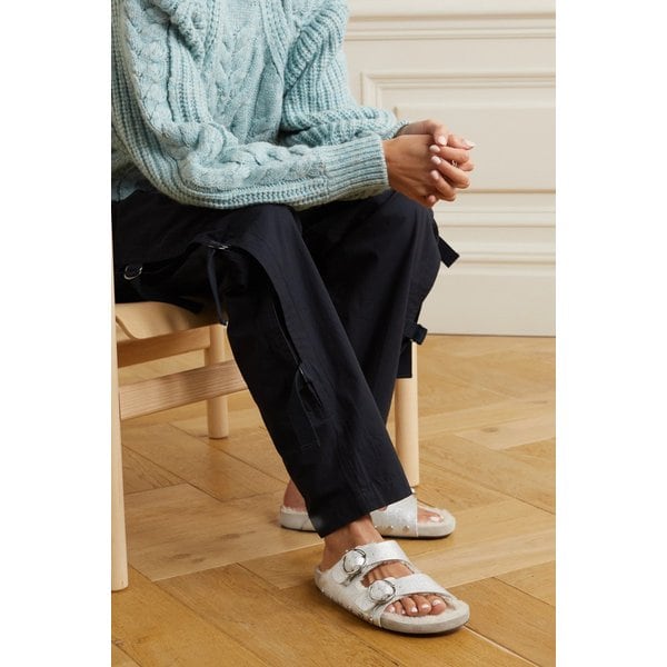 Lennyo Shearling-lined Studded Metallic Leather Sandals 실버 1647597277784678
