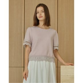라운드넥 밑단 레이스 장식 반팔 셔츠 (EB2BA023D)