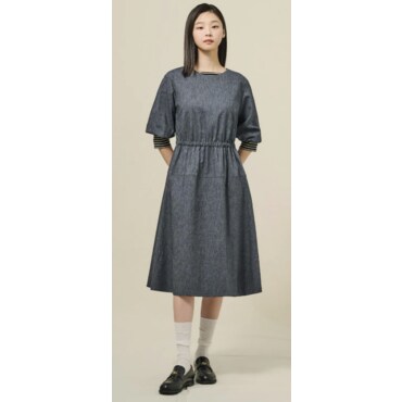 빈폴레이디스 데님 라이크 라운드넥 볼륨 소매 원피스 - 네이비 BF5371C03R