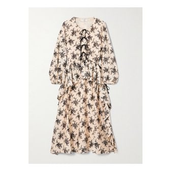 씨뉴욕 조안 타이 디테일 러플 플로럴 프린트 보일 미디 드레스 크림 46376663162914860