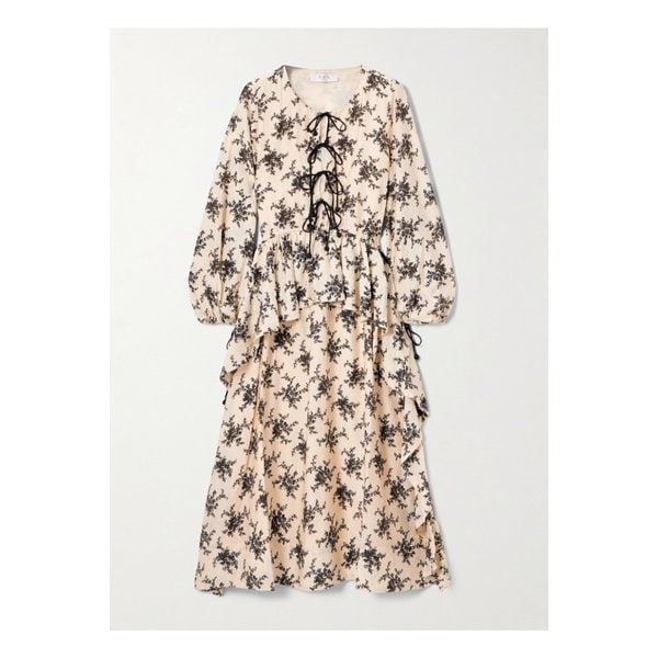 조안 타이 디테일 러플 플로럴 프린트 보일 미디 드레스 크림 46376663162914860