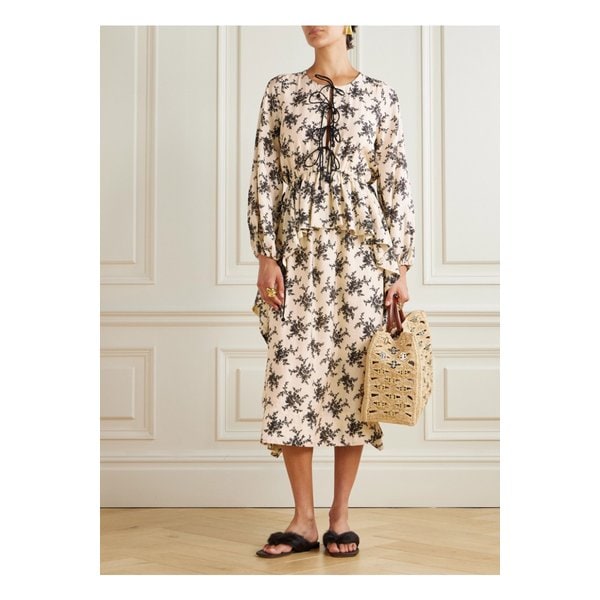 조안 타이 디테일 러플 플로럴 프린트 보일 미디 드레스 크림 46376663162914860