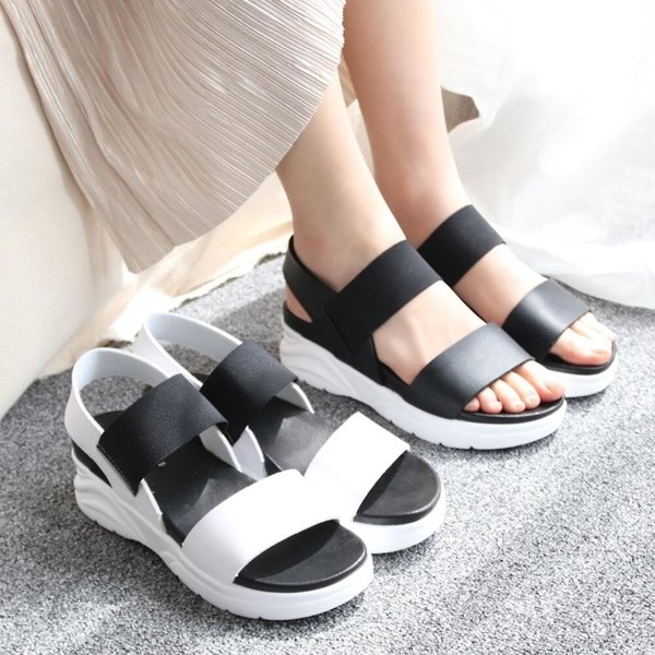 [옷자락] 여성 블랙 화이트 더블 스트랩 슬링백 키높이 샌들