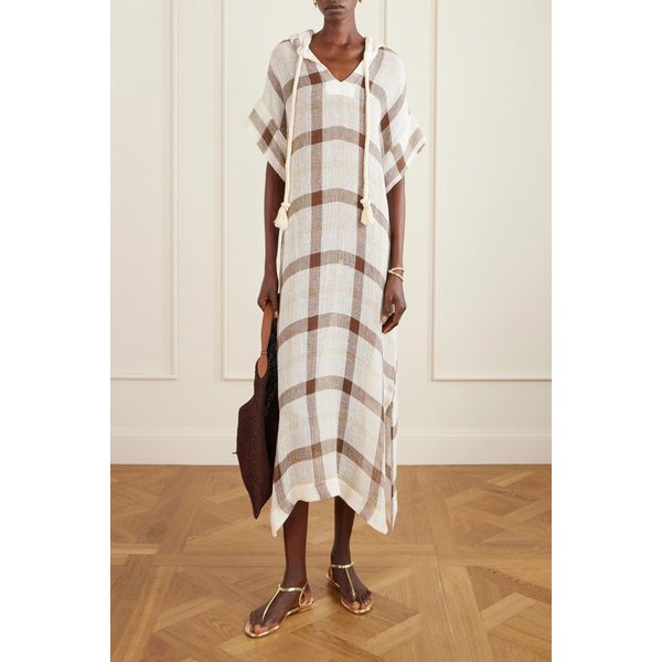 체크 리넨 블렌드 크레폰 후드 카프탄 46376663162982862
