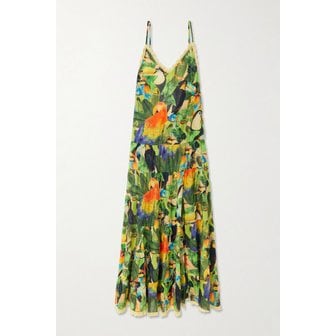 FARM RIO 팜리오 버드 리브스 크로셰 트림 티어드 프린트 코튼 맥시 원피스 46376663162974359