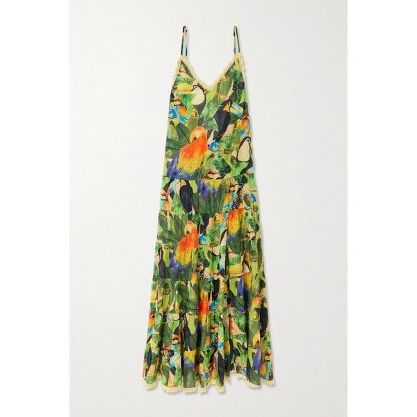 팜리오 버드 리브스 크로셰 트림 티어드 프린트 코튼 맥시 원피스 46376663162974359