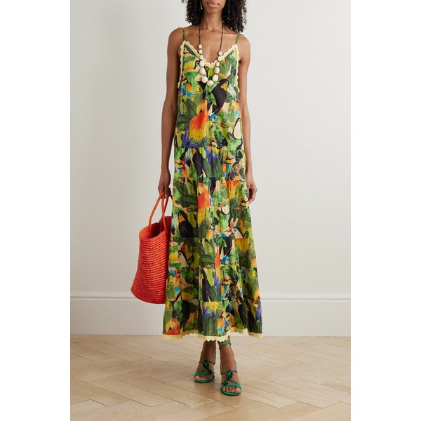 팜리오 버드 리브스 크로셰 트림 티어드 프린트 코튼 맥시 원피스 46376663162974359