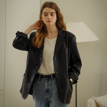 틸아이다이 Faux leather classic three button single jacket_Black
