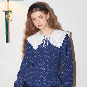 Lace Collar Puff Shoulder Blouse Navy