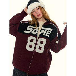 Racing 88 Color Block Pull-Up Two-Way Knit Cardigan Zip-Up [Wine]