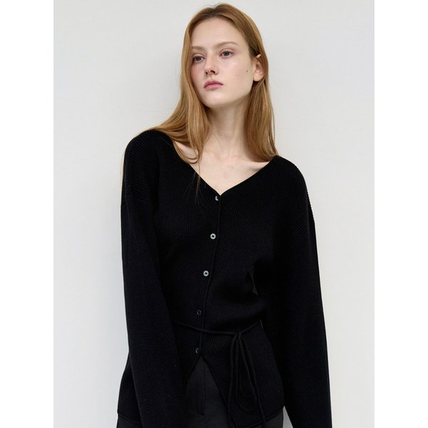 벨티드 립 브이넥 가디건 블랙 OU1872