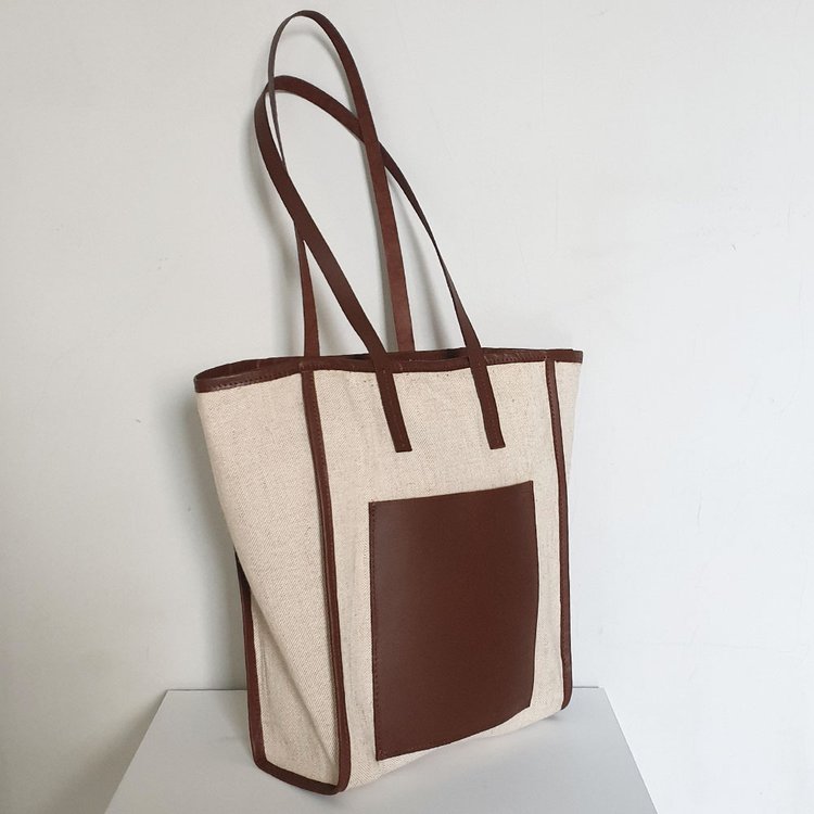 ◎GONIATELIER◎ Daily Shopper Bag | Leather & Canvas Shopping Bag in Striped Canvas, Beige, Blue, Ecru and Navy